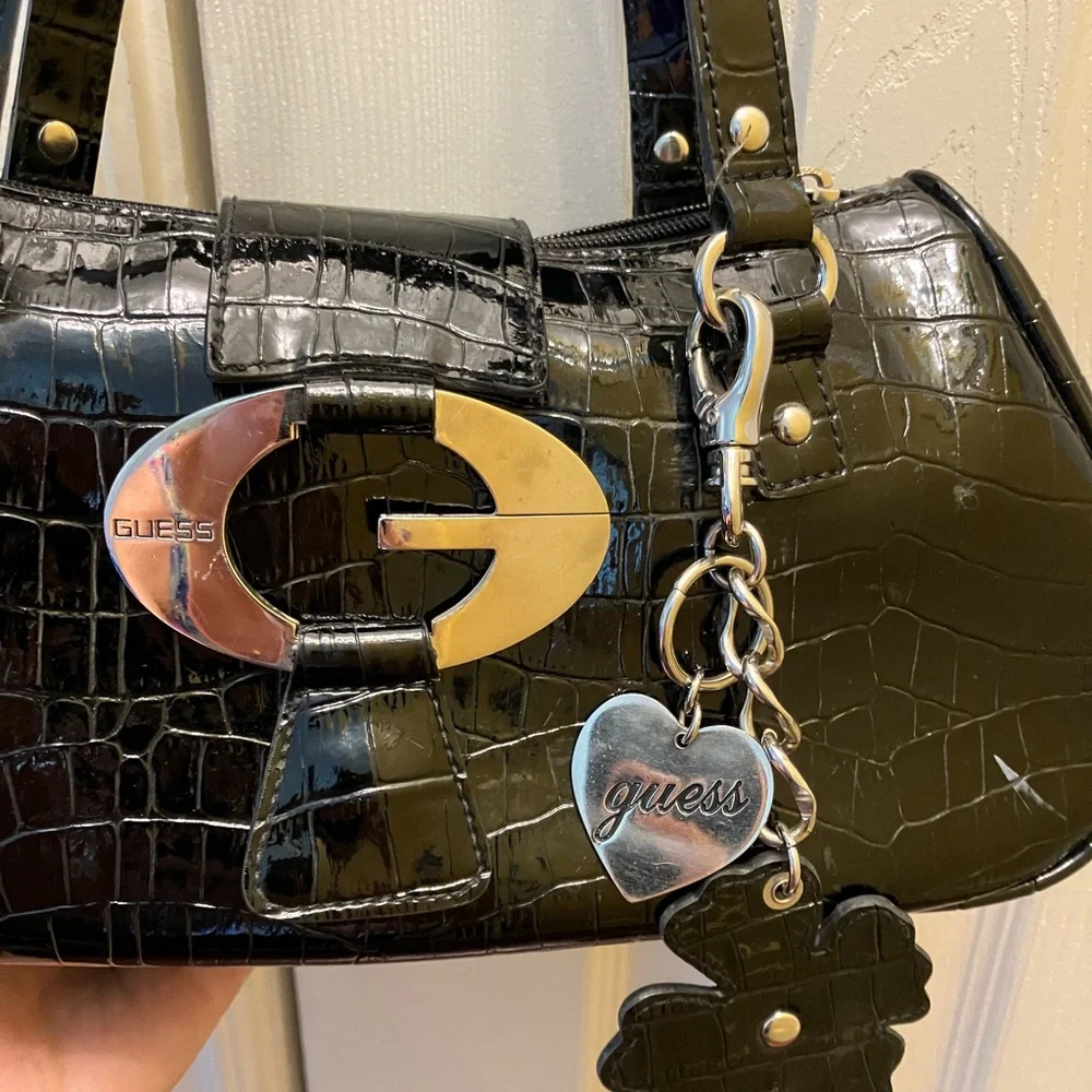 Y2K GUESS 2000s Black Croc Embossed Shoulder Bag